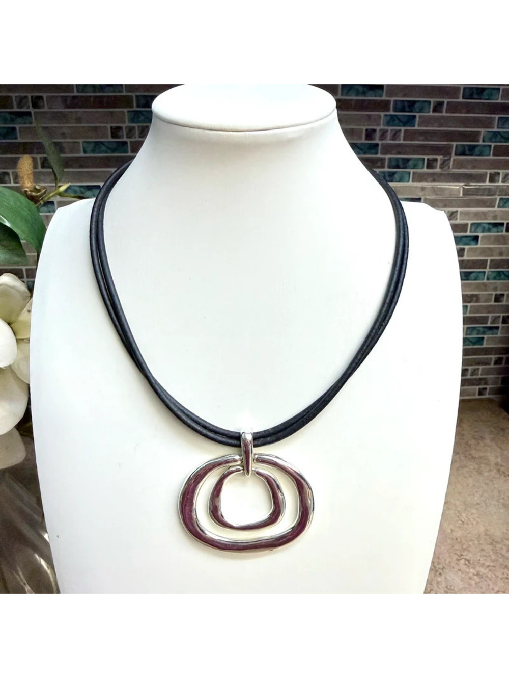 Chico's Silver Tone Double Open Circle Pendant Necklace Black Cord Statement
